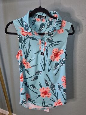 Bad Birdie Turquoise Sleeveless Polo Tank with Coral Floral Print